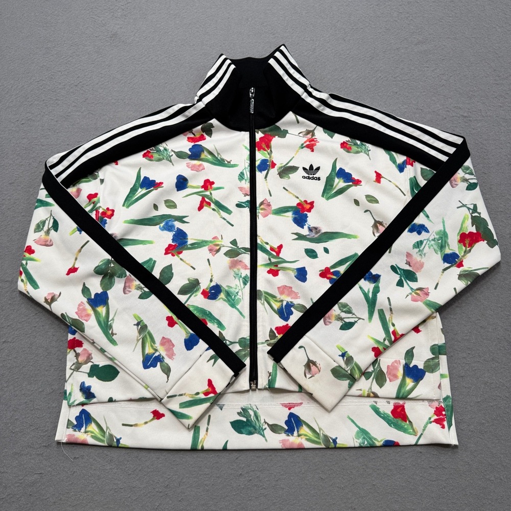 Adidas Track Jacket Women's Small White Floral Cropped 3-Stripe Trefoil Athletic